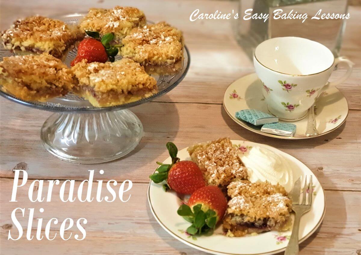 Paradise slices on a glass cake stand and one served with a tea cup and saucer and title.