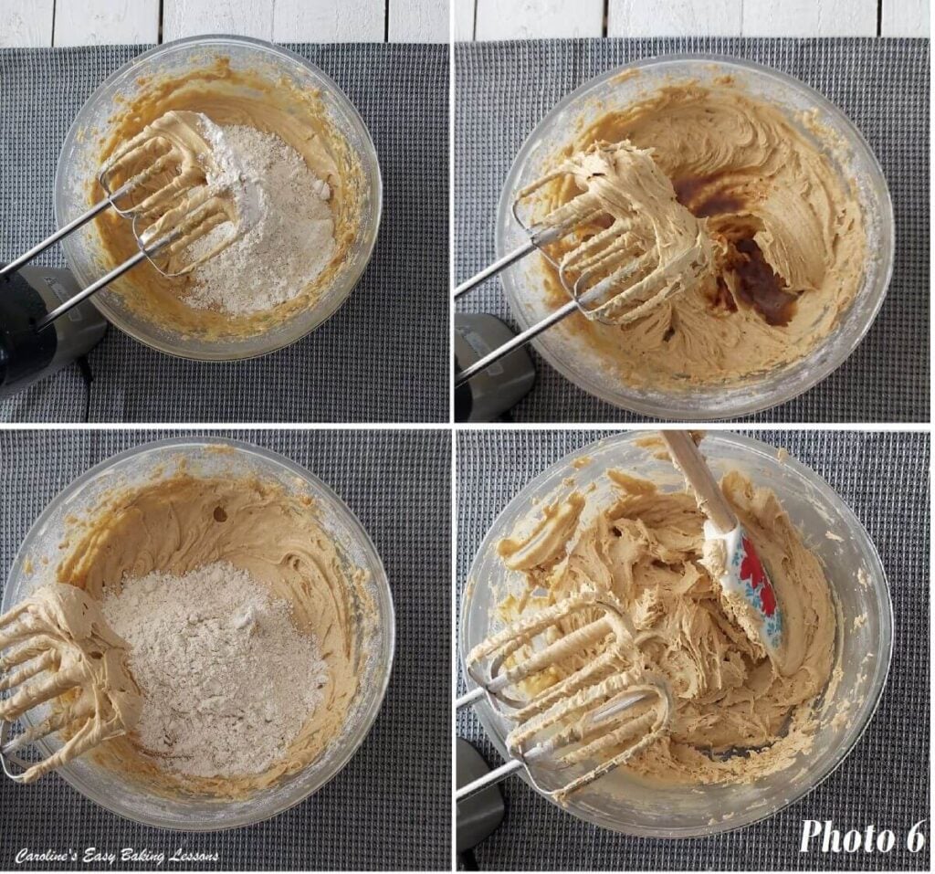Collage of adding flour mixture in increments and the nuts & chocolate - photo 6.