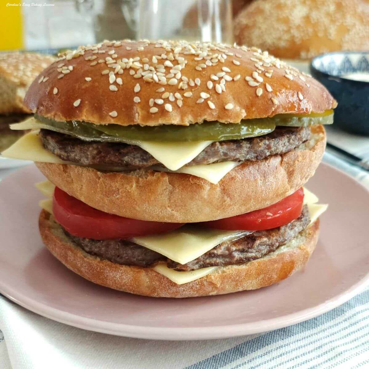 Extra close shot of tall homemade double decker cheese burger with deep golden brown seeded top, cheese, tomoato and gerkins visible, on a pale pink plate.