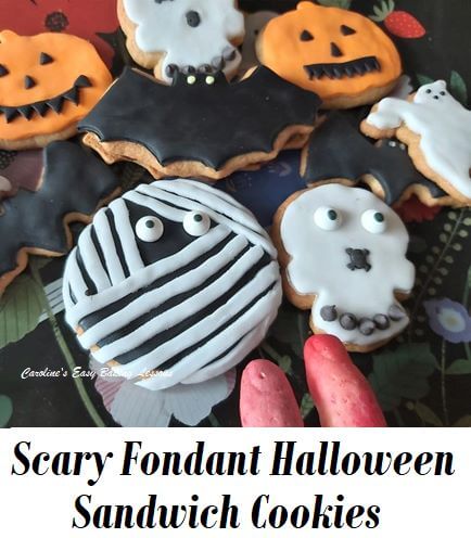 Halloween themed fondant topped cookies - mummy, skull, bat and pumpkin.