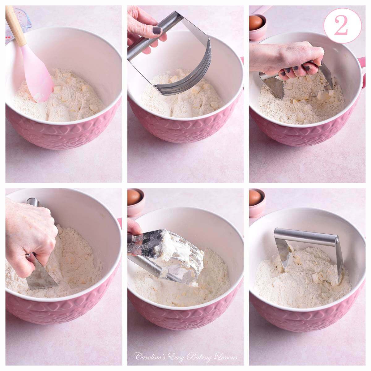 6 image collage of mixing with a pastry cutter/blender for pastry, with text 'photo 2'.