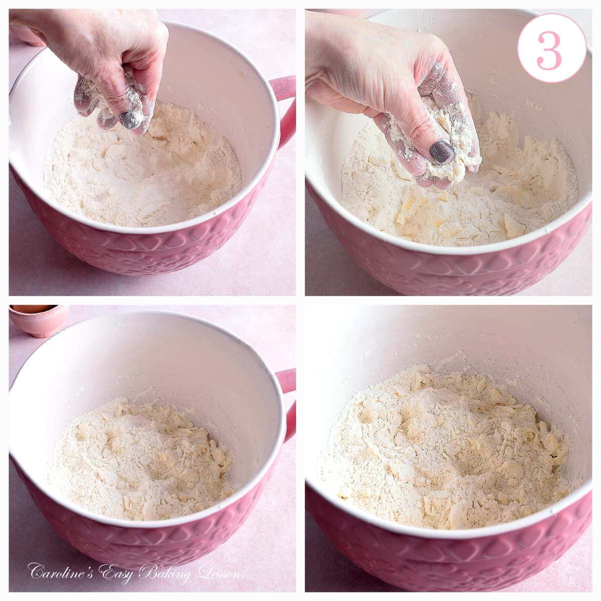 4 image collage of using fingers to 'cut in' for pastry making with text 'photo 3'.