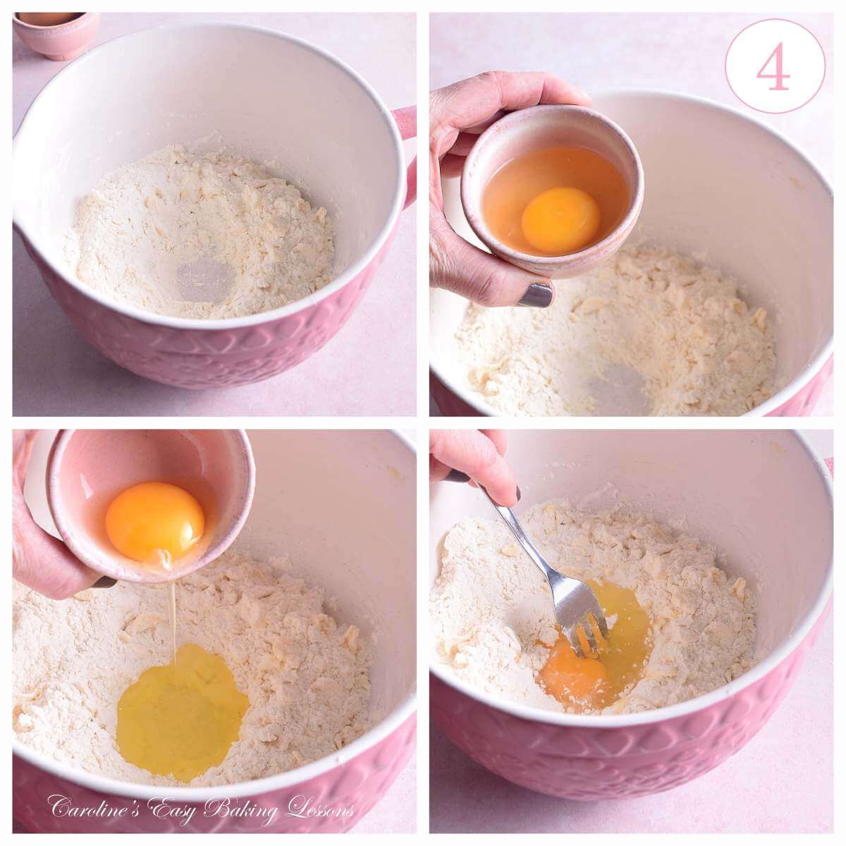 4 image collage of adding egg yolk to dry pastry ingredients with text 'photo 4'.