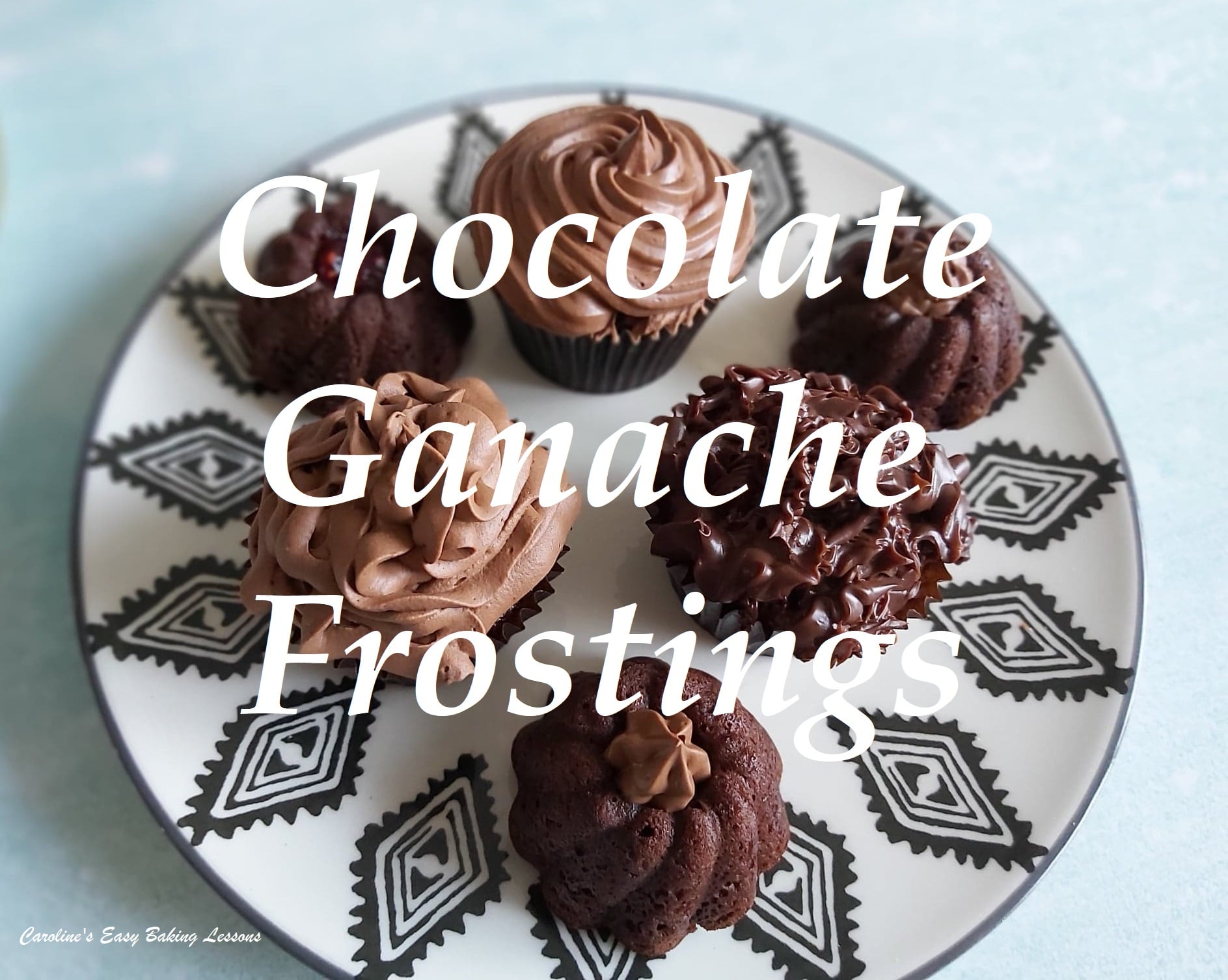 Plate of various piping of chocolate ganache on top and ittled chocolate ganache frosting.