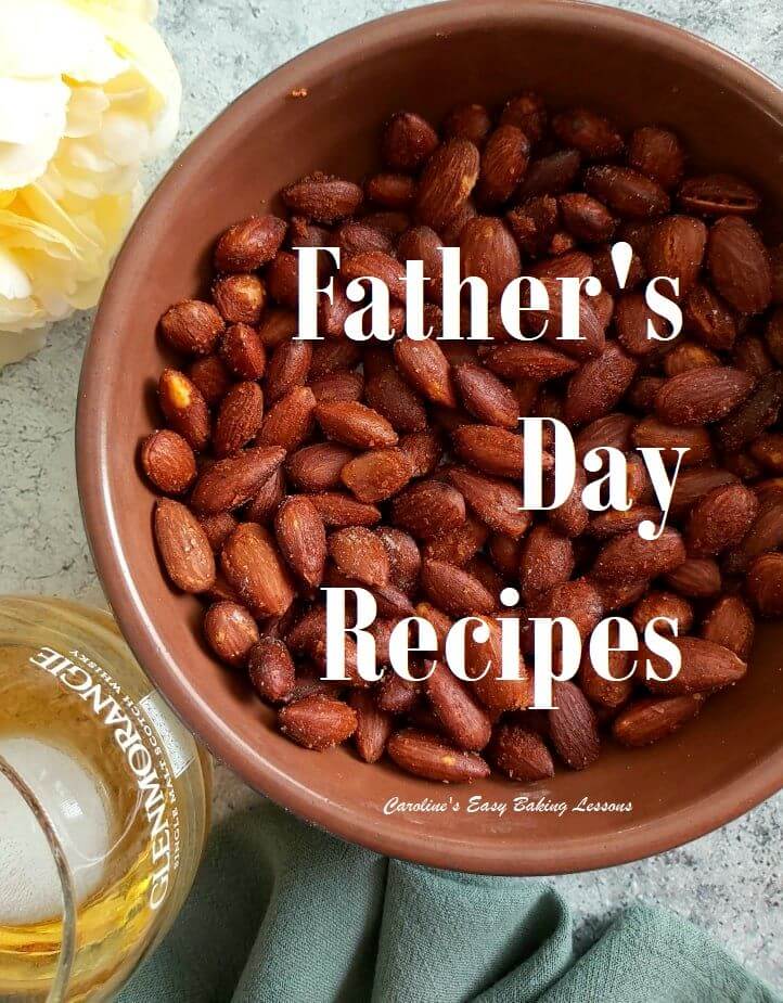 Smoked paprika roasted almonds in bowl with fathers day title
