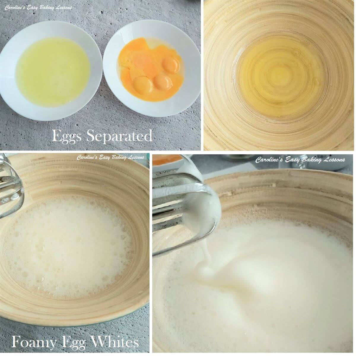 Collage of separating eggs and whisking whites till foamy.