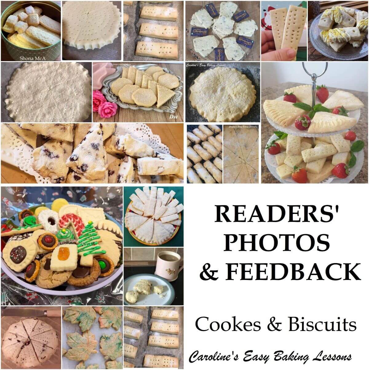 Collage of 18 shortbread pics and title readers' feedback and photos for cookies and biscuits.