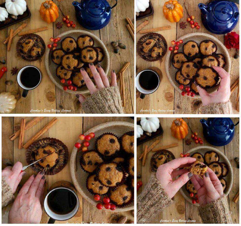 $ photo collage of wooden table in AUtumn with chocolate pumpkin muffins and picking up, cutting and eating.