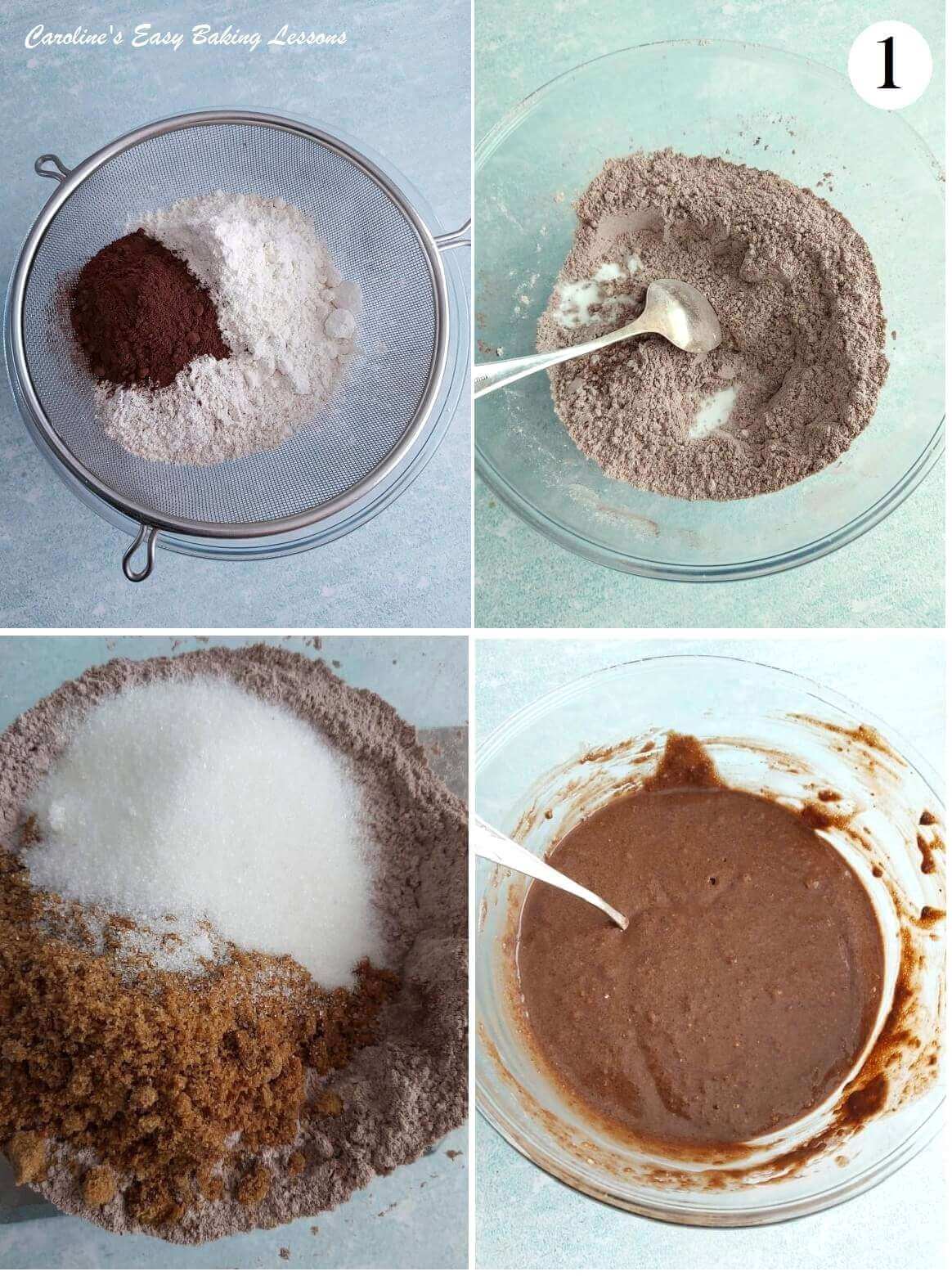 4 photo collage of mixing bowl mixing dry ingredients for chocolate cardamom cupcakes, with text 'photo 1'.