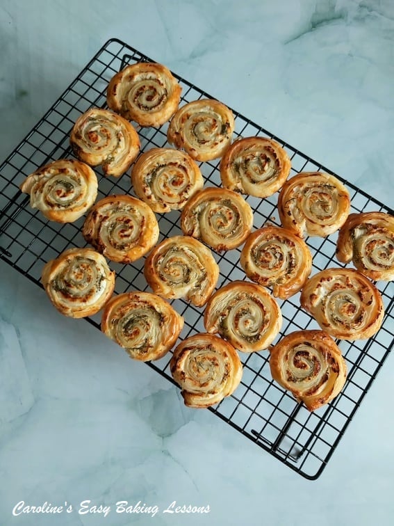 Quick Cheese Puff Pastry Swirls cooling.