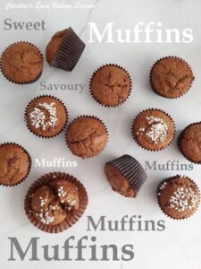 Banana bread muffins in brown cases lie on a white background with some on angles, with text on several places of 'muffins'.