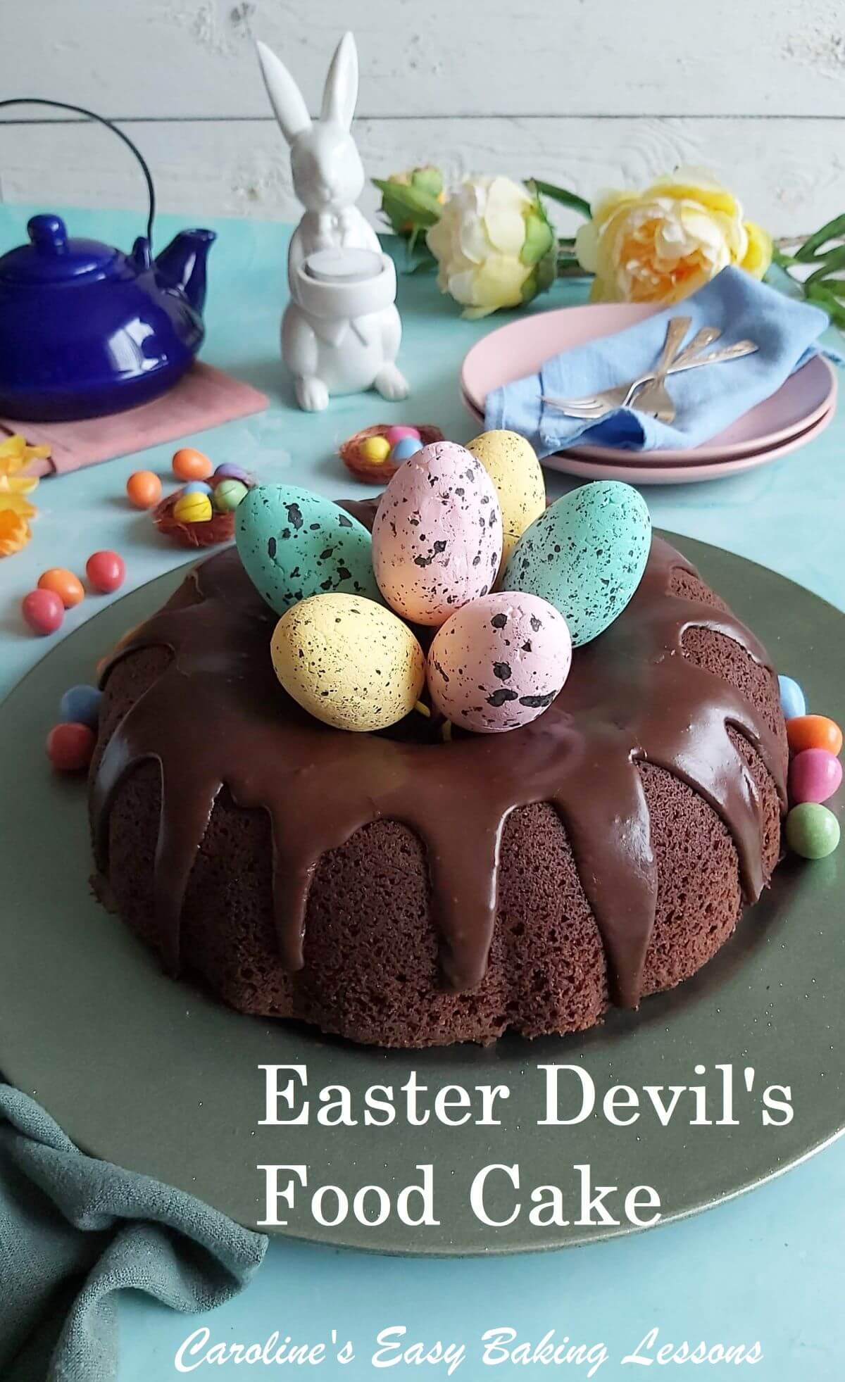 Easter scene for a chocolate Devil's Food bundt cake.