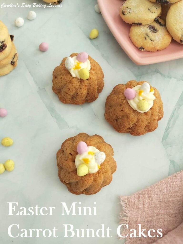 3 Mini carrot bundt cakes with mini eggs and Easter Mini Carrot Bundts title.