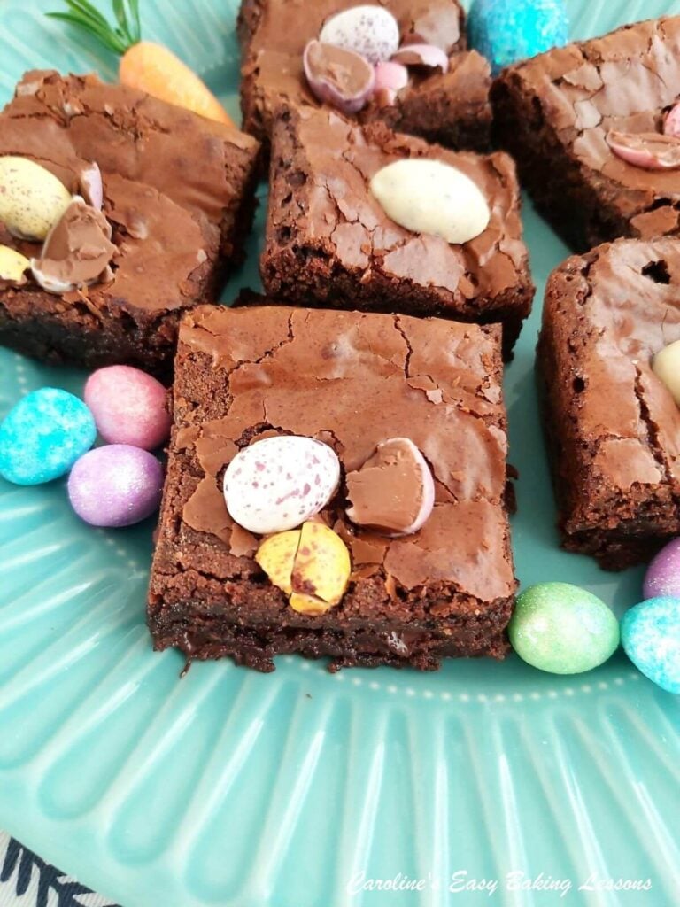 Extra close partial shot of mini egg brownies.