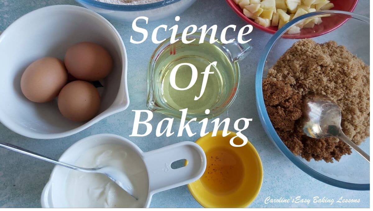Bowls and cups of baking ingredients and titled science of baking.