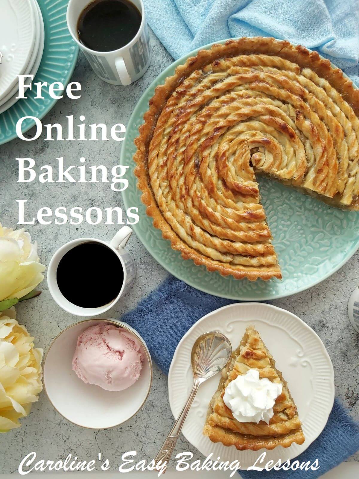 Overhead table shot of a twist top crust pie served with cream and ice cream and online baking lessons text.