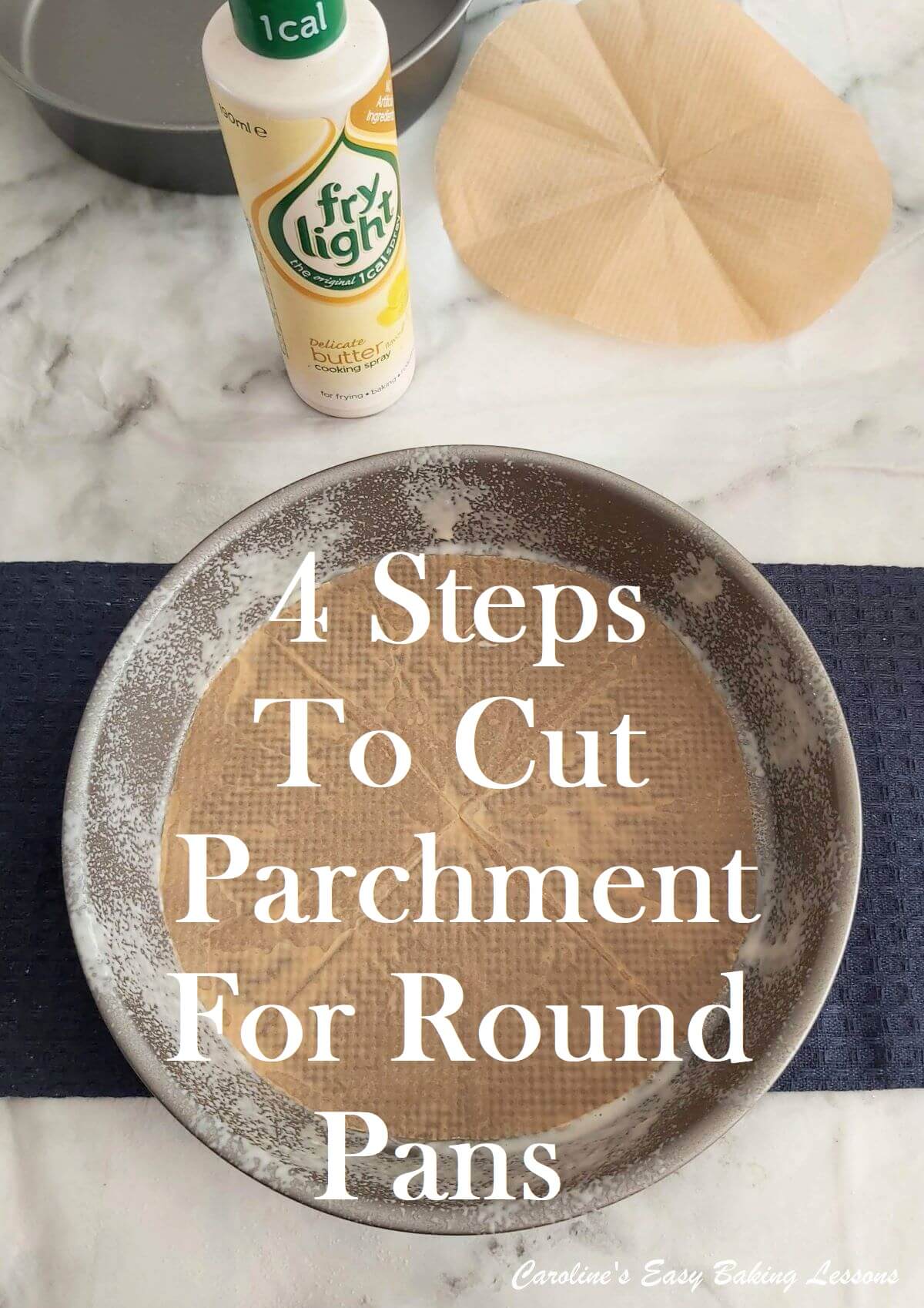 round cake pan, greased with Fry Light spray to the back and paper line with 4 steps to cut parchment for round pans title.