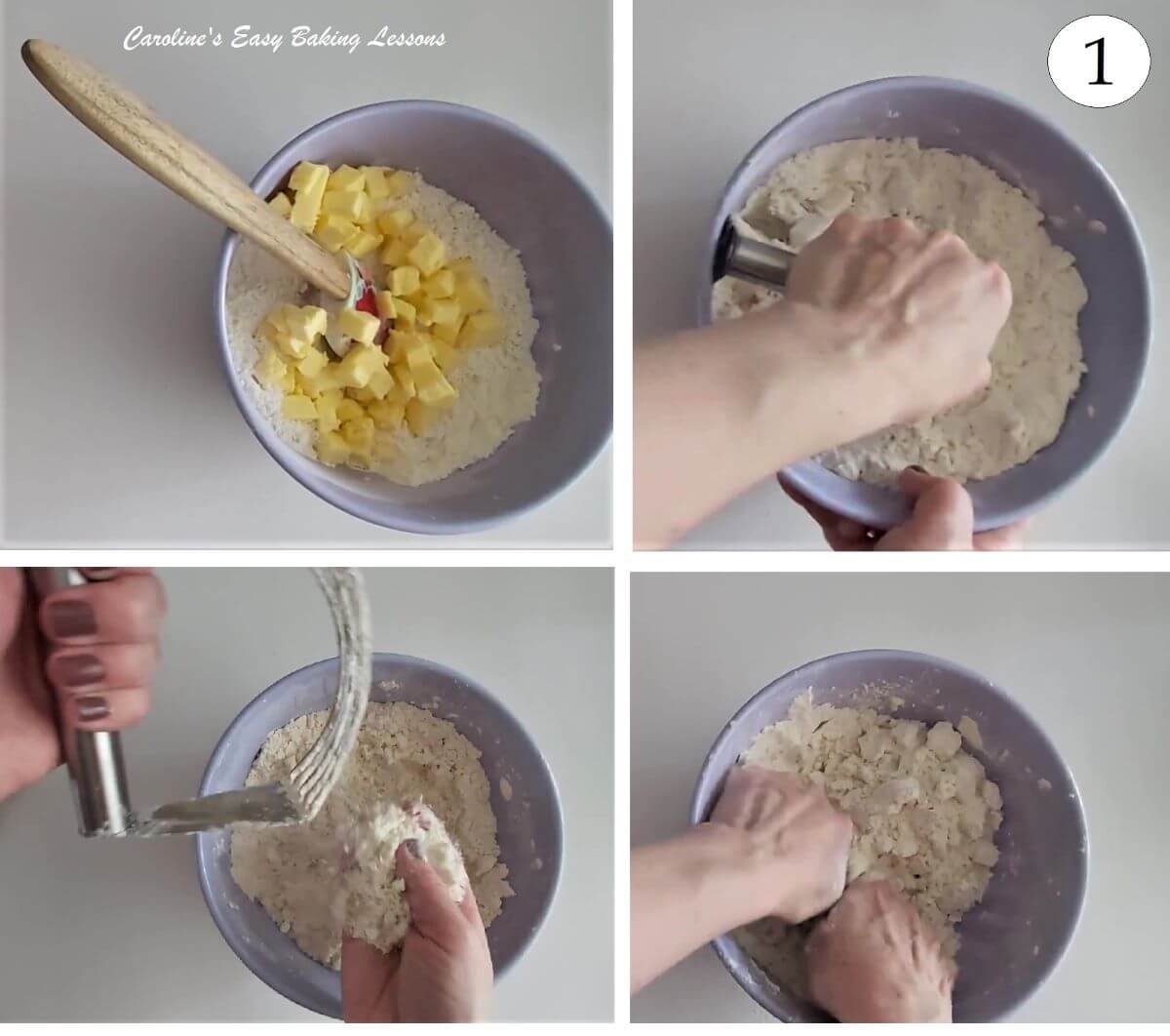 Collage of mixing butter and flour by hand for pastry - photo 1.