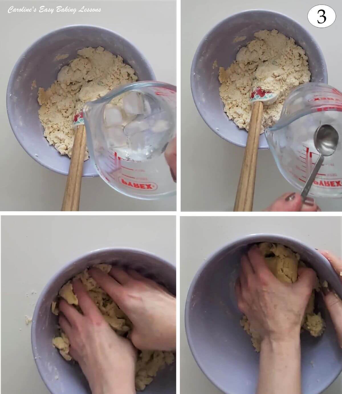 Collage of adding cold water to form pastry in a bowl - photo 3.