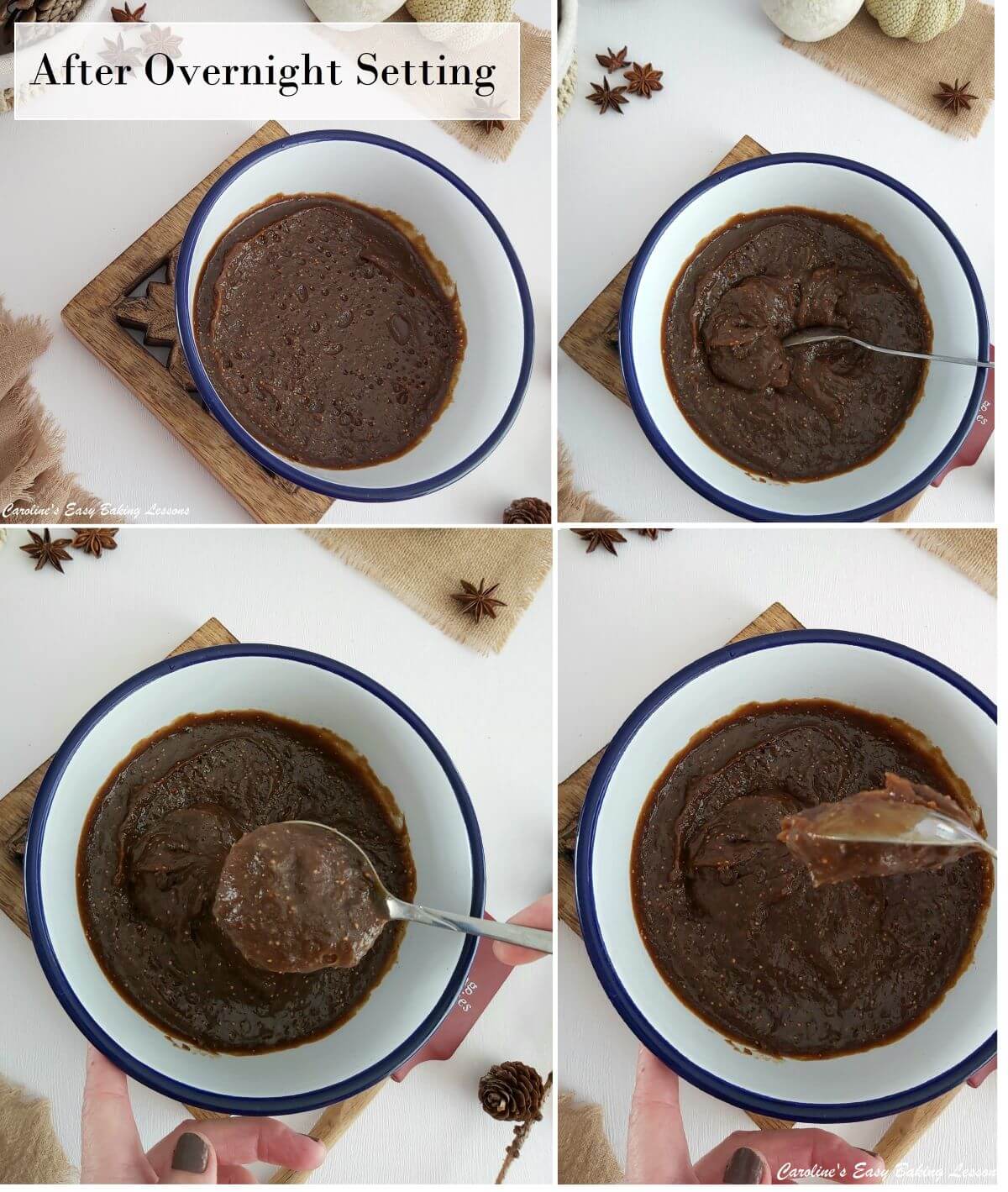 $ photo collage of overnight very thick set dark brown fig curd and trying to lift with a spoon.