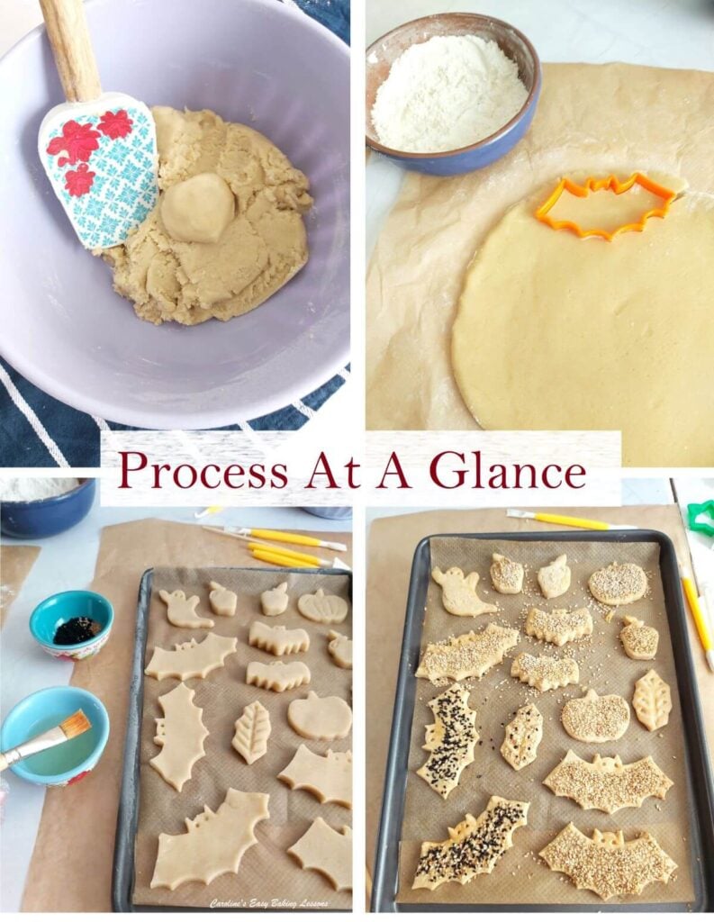4 photo collage of process for savoury bat cookies of forming dough, rolling and cutting out, topping and baking.
