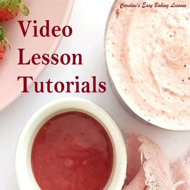 Close overhead photo of small bowl of bright red strawberry puree and pink butter cream with title Video Lesson Tutorials.