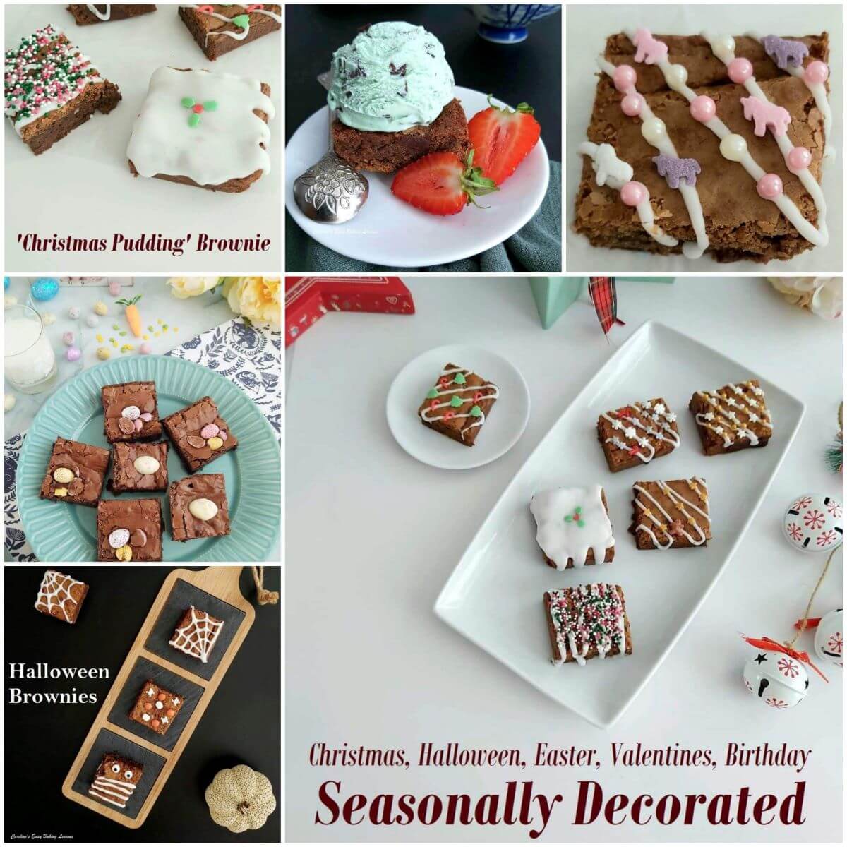 6 photo collage of various decorated brownie squares with seasonal brownies title.