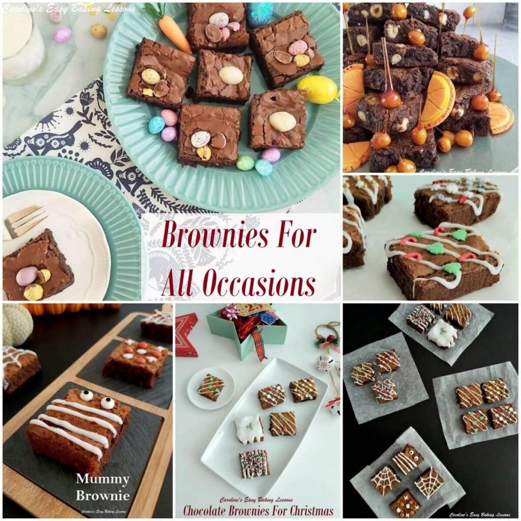 6 photo collage of various decorated brownies for halloween christmas etc.