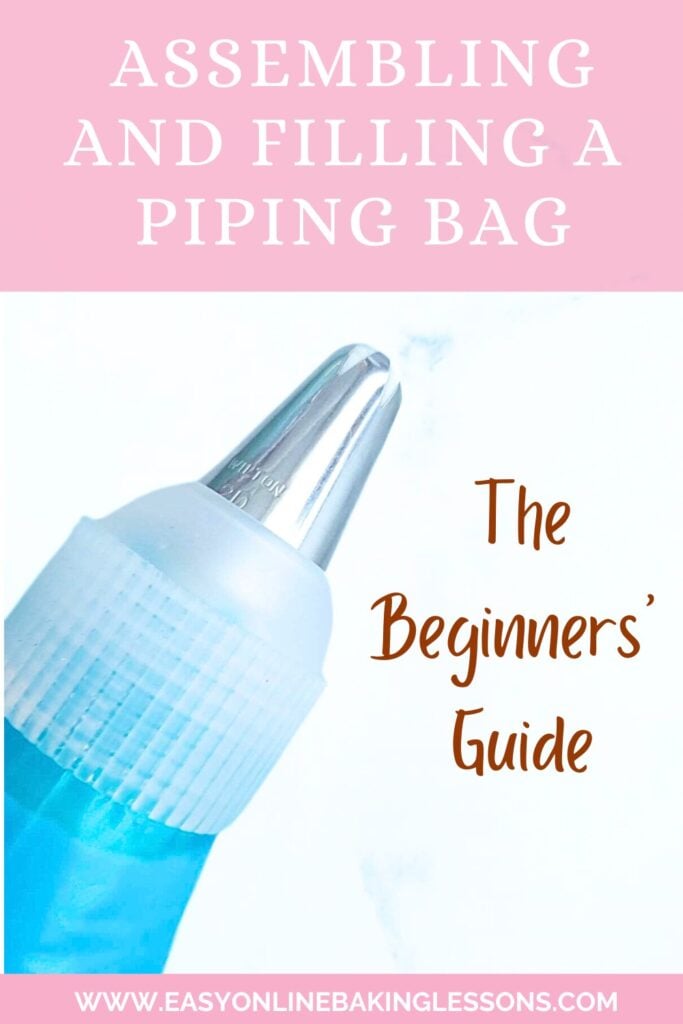 Photo of blue piping bag with nozzle, pink layer, and text 'assembling a piping bag. The beginners' guide'.