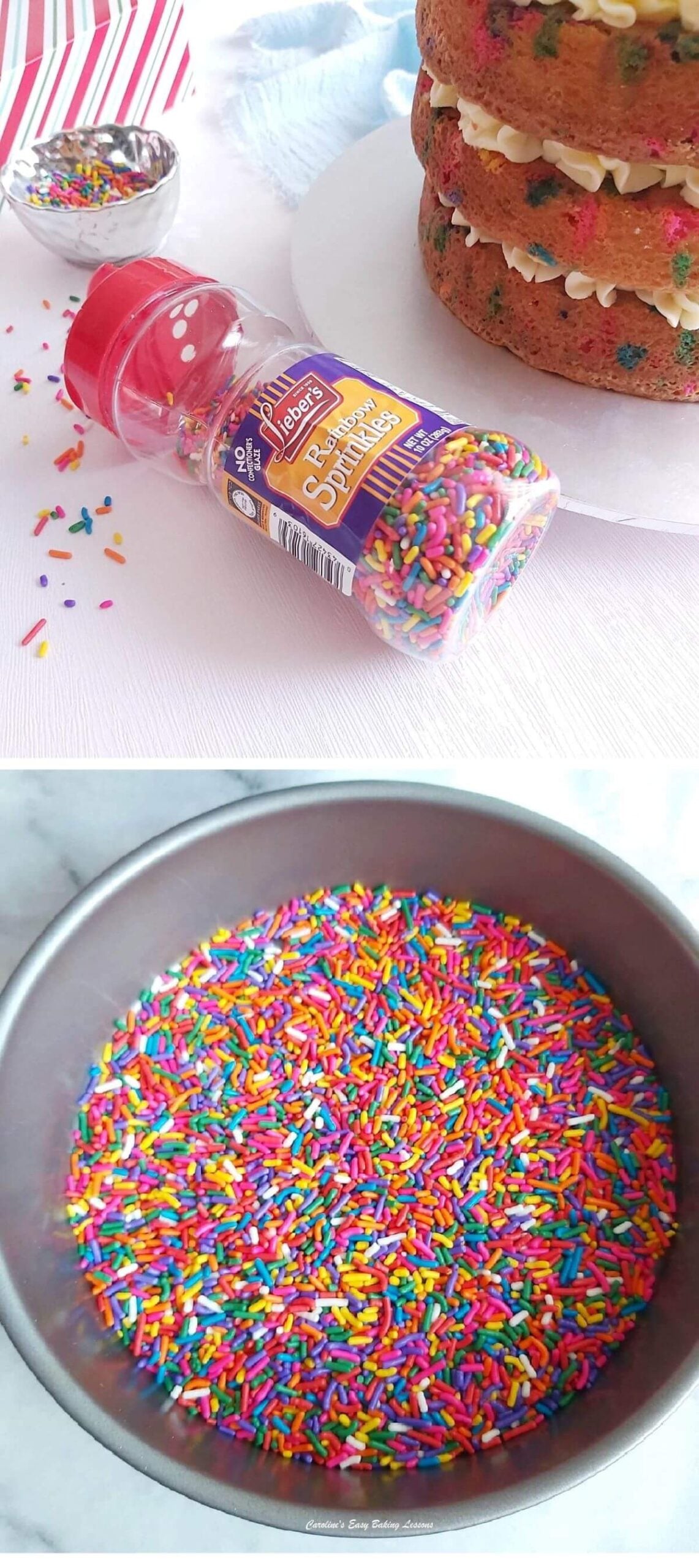 2 photo stacked collage of bottle of Leiber's rainbow sprinkles spilling out, and thousand sin a cake pan.