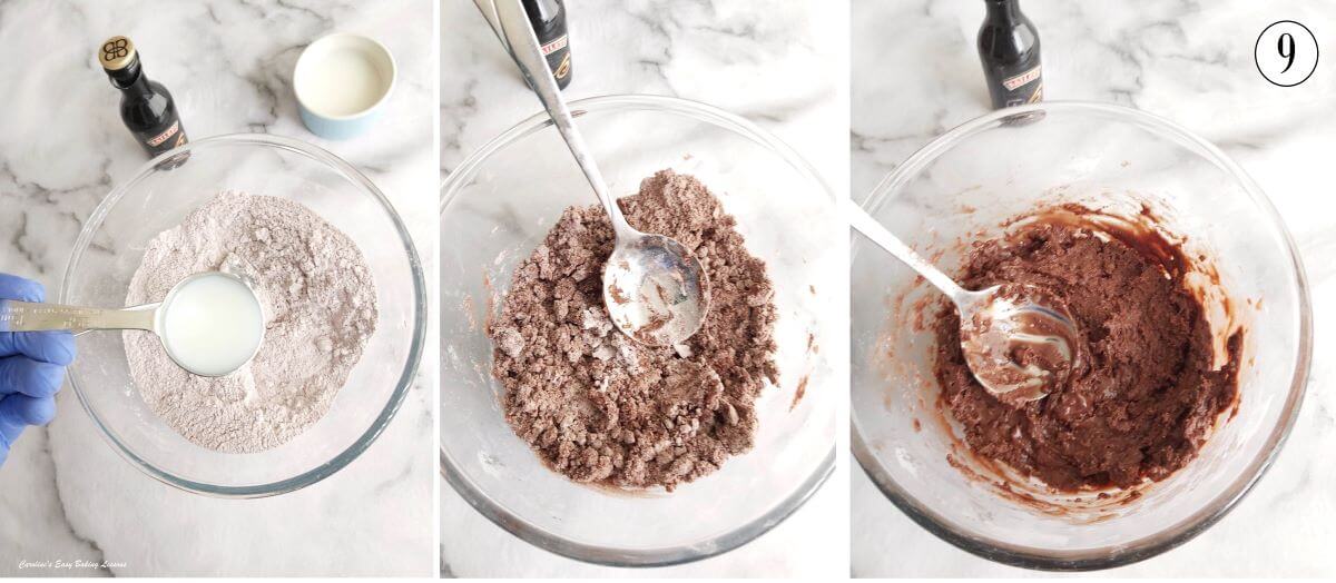 3 photo collage of gradually adding milk and making chocolate glaze - photo 9.