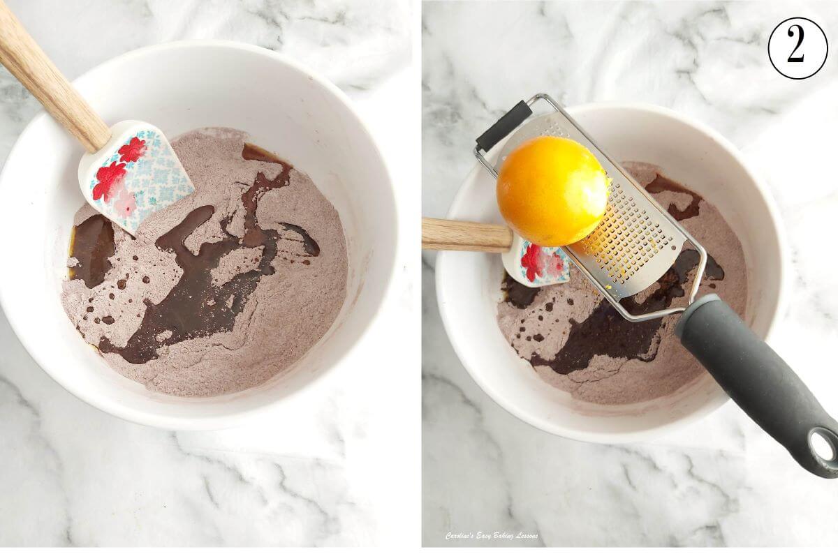 2 photo collage of adding oil to dry cake ingredients and orange zest - photo 2.