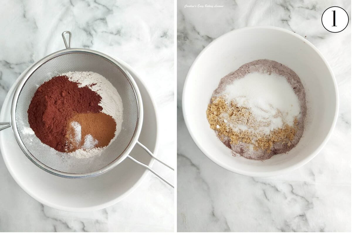 2 photo collage of sieving cocoa, coffee & flour, and adding sugar to bowl - photo 1.