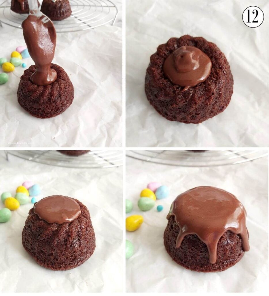 4 photo collage of filling and topping stuffed mini bundt cakes with chocolate glaze in 2 ways - photo 12.