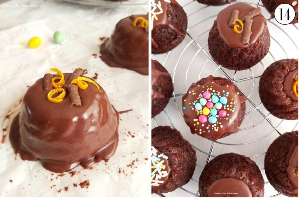 2 photo collage of leaving completely chocolate glaze covered mini bundt and some cilling, with text 'photo 14'.