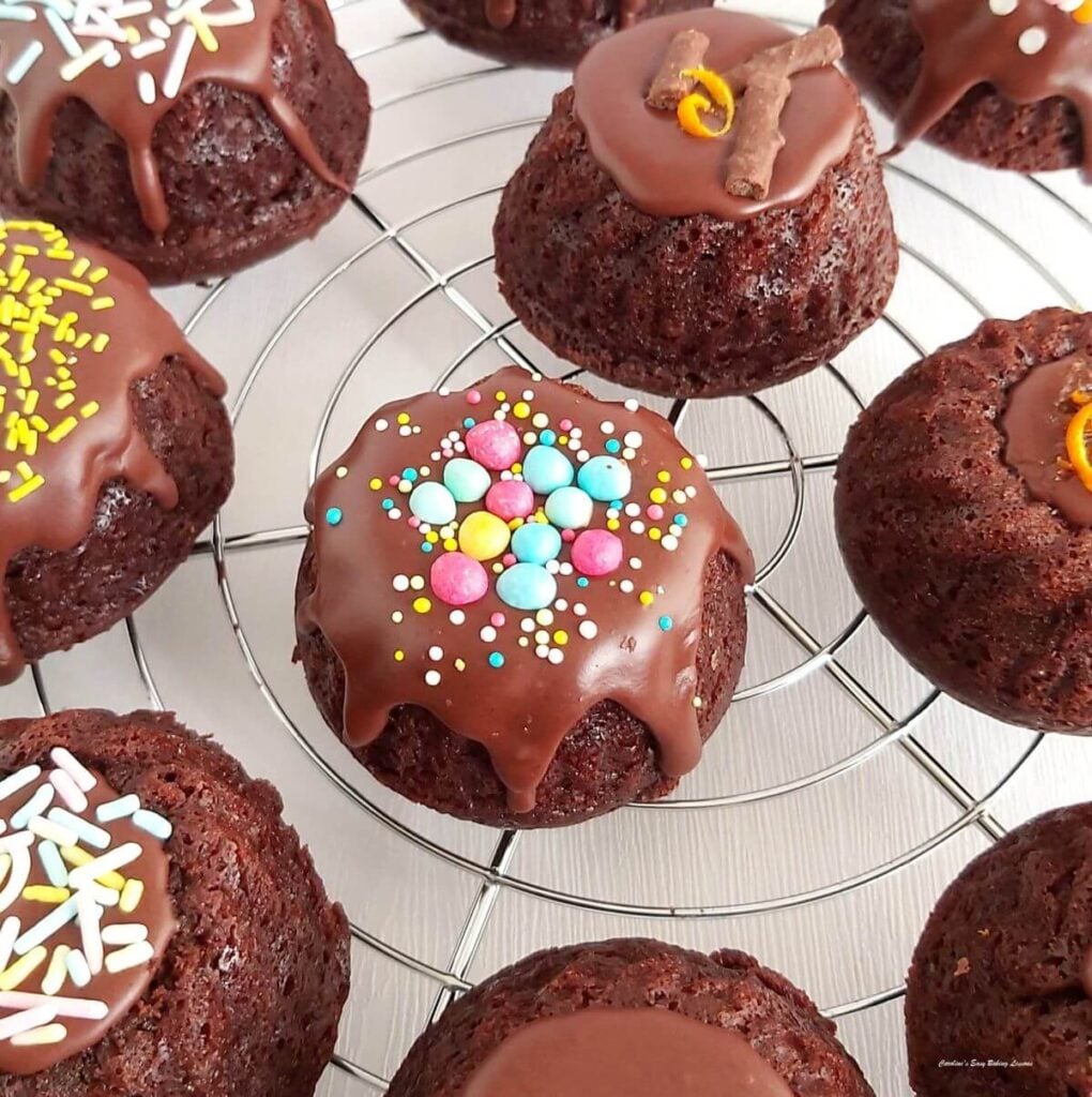 Close partial photo of mini chocolate bundt cakes with chocolate glaze on top and sprinkles.