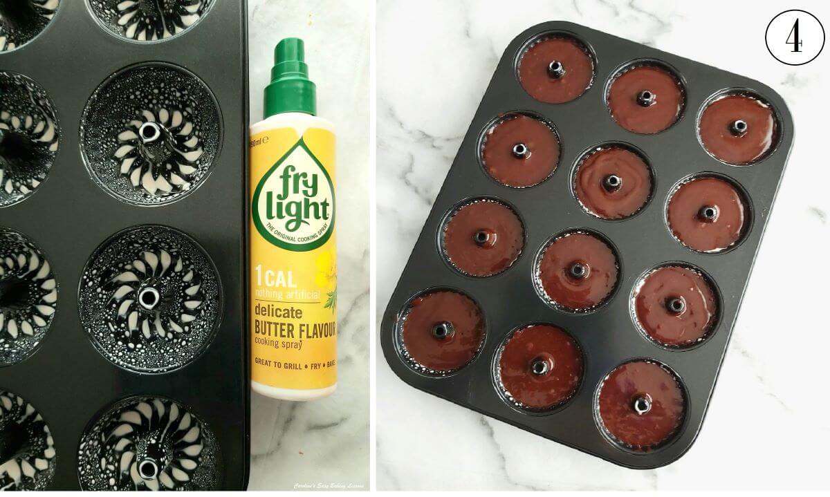 2 photo collage of mini bundt cakes tin, Frylight cooking spray for greasing and cake batter in mini bundts tin - photo 4.