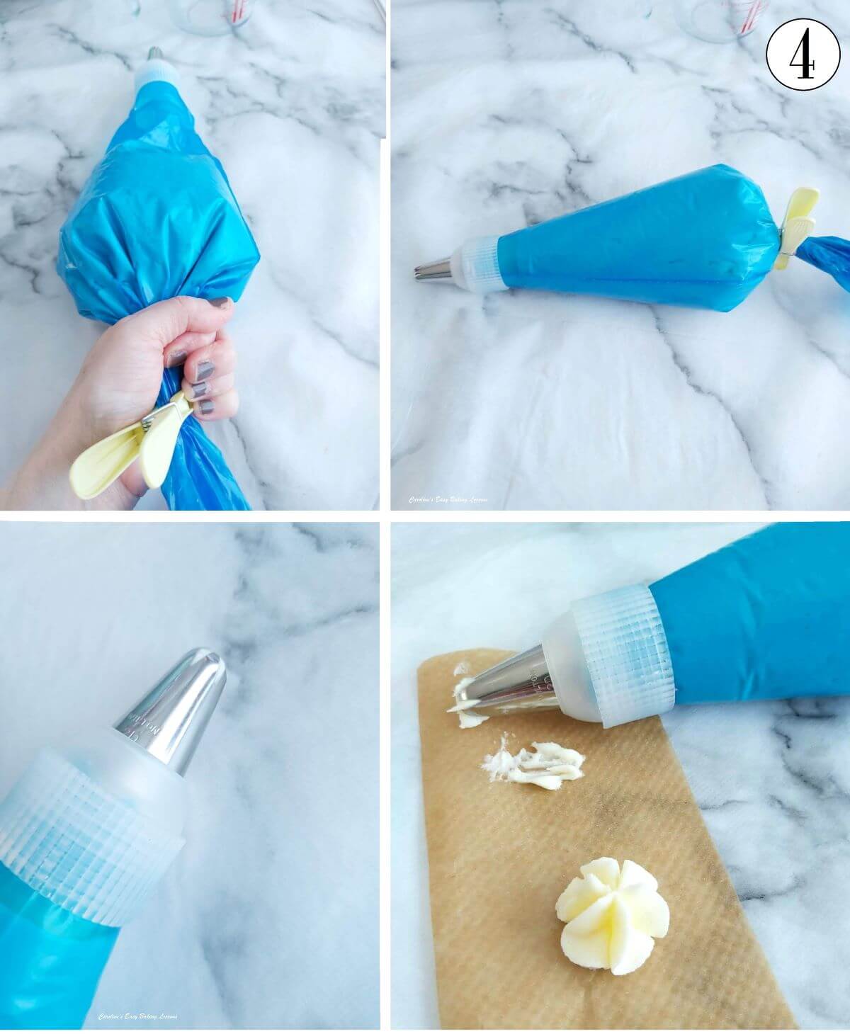 4 photo collage of squeezing piping bag with buttercream, closing off and practice piping - photo 4.