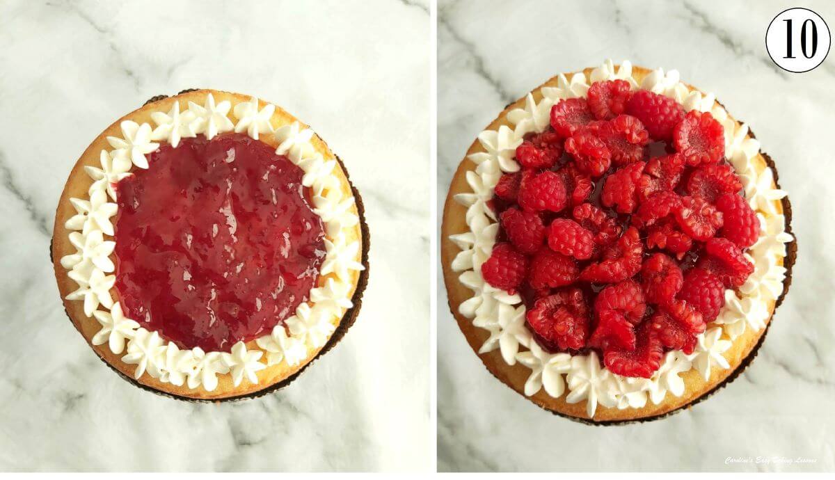 2 photo collage of piped ring of cream on cake, with jam in centre and raspberries on top - photo 10.