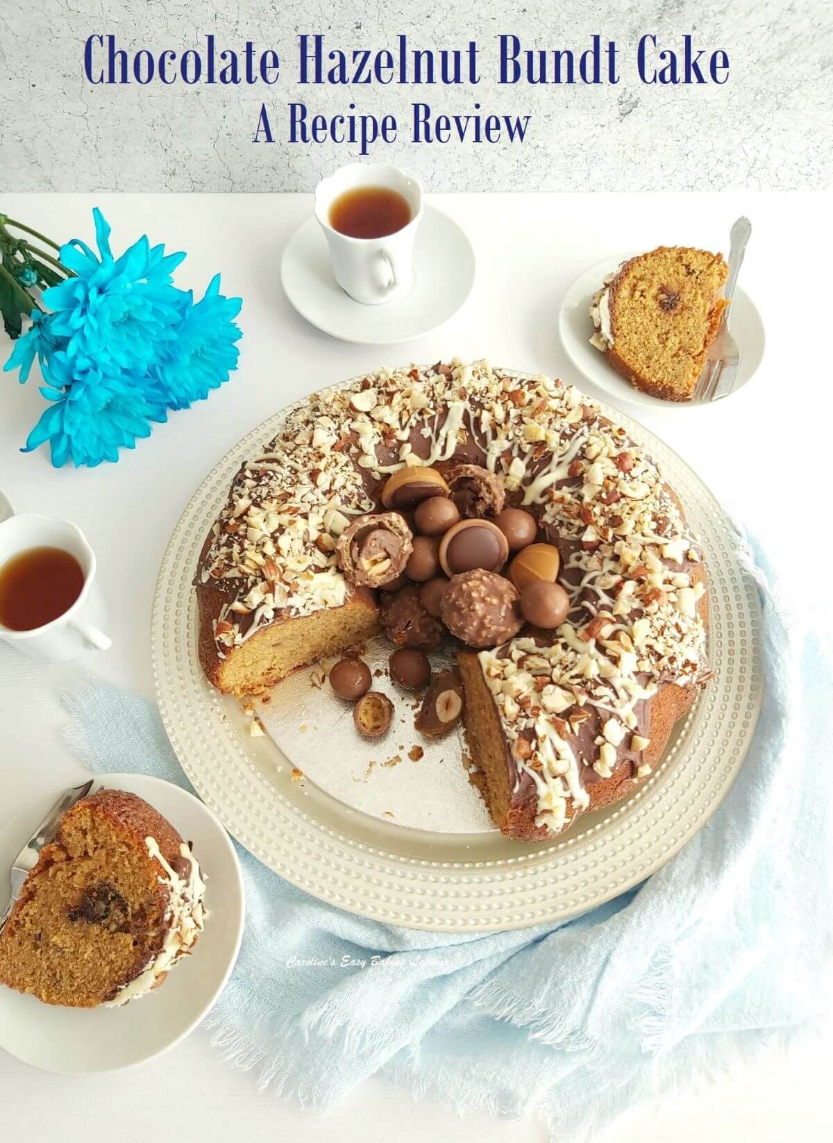 Overhead shot of table with chocolate hazelnut topped bundt cake served with coffee and title recipe review.