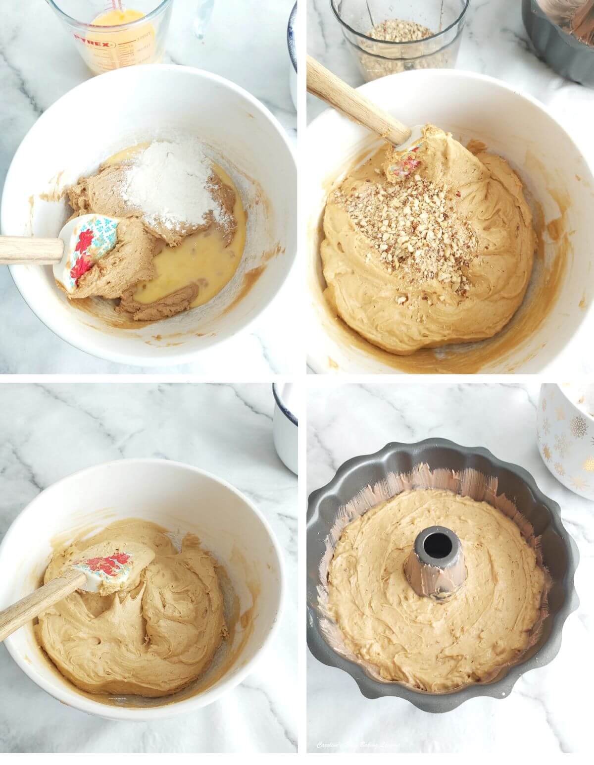 4 photo collage of adding eggs and flour to creamed butter and filling bundt pan.