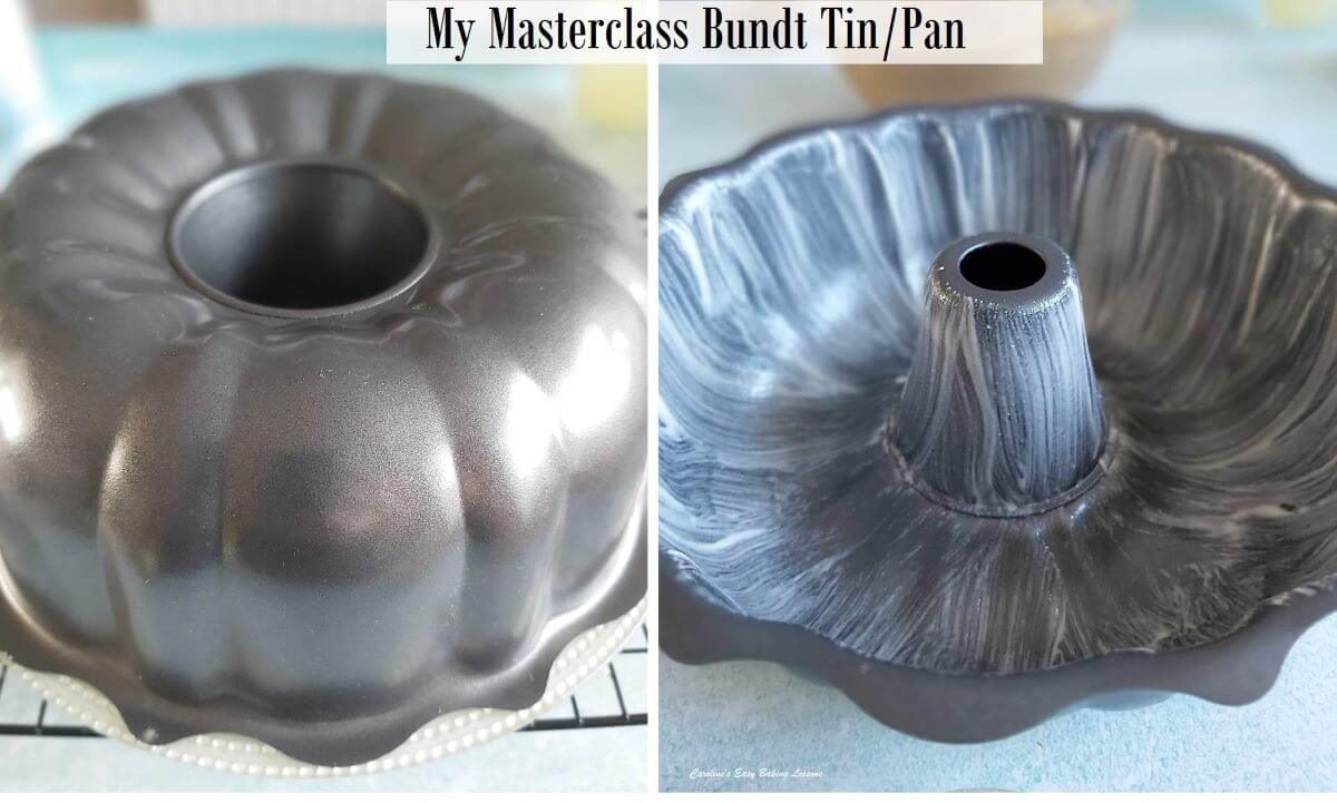 2 photo collage of Masterclass bundt tin top and bottom & greased with lining paste.