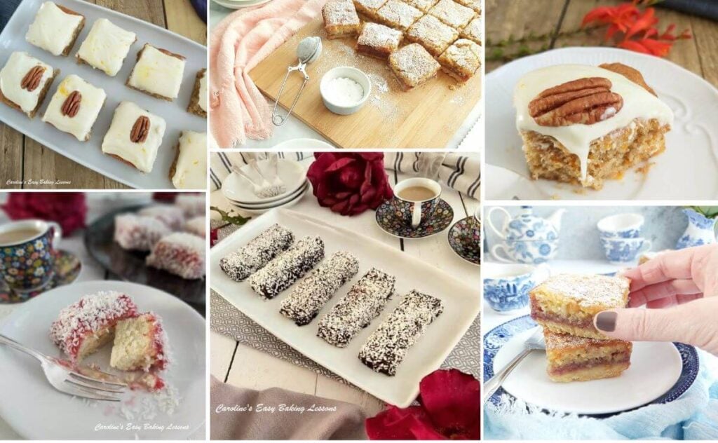 6 photo collage of various traybake squares cake bars.
