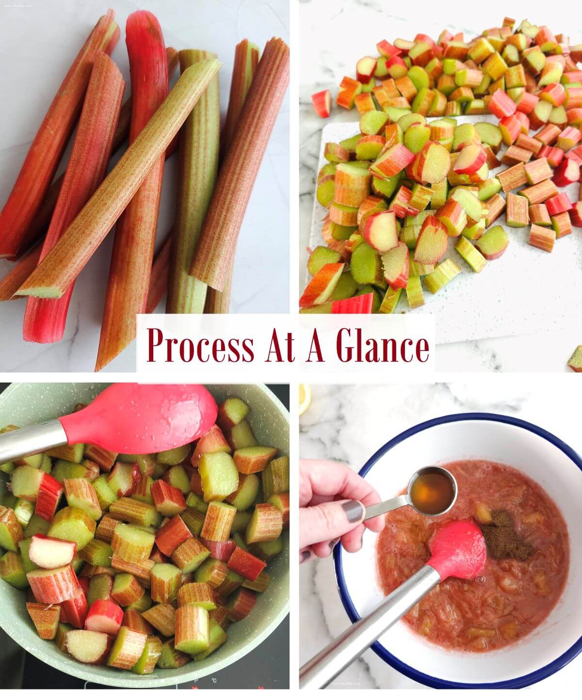 4 photo collage of rhubarb stalks, chopped, cooking and after stewing.