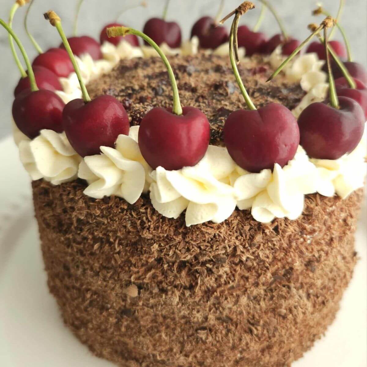 Extra close shot of a air fryer backed Black Forest Gateau cake.