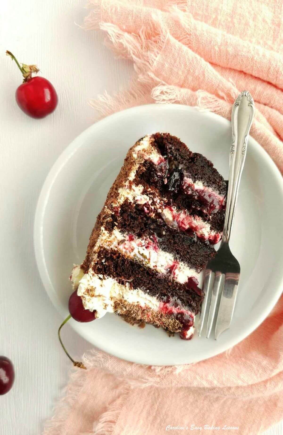 Slice of air fryer Black Forest Gateau showing cream, berry jam and chocolate layers.