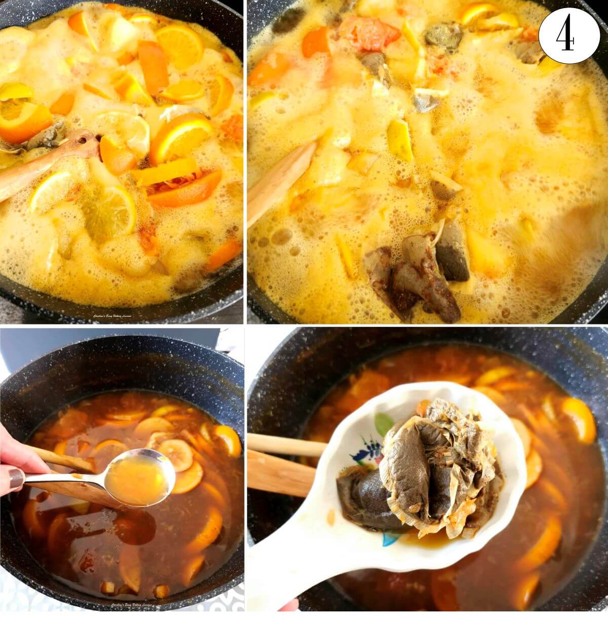 4 photo collage of boiling and foaming citrus fruit for ice tea, the resulting liquid on a spoon and removing tea bags - photo 4.