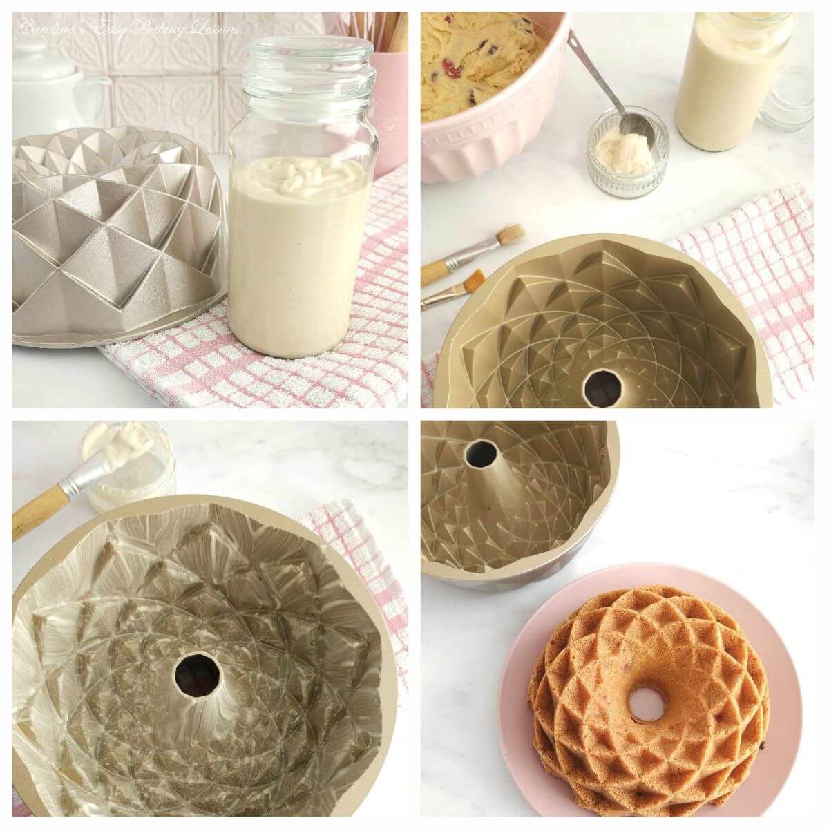 4 photo collage of homemade lining paste in jar, fancy intricate designed bundt cake with the paste and cake out of the tin.