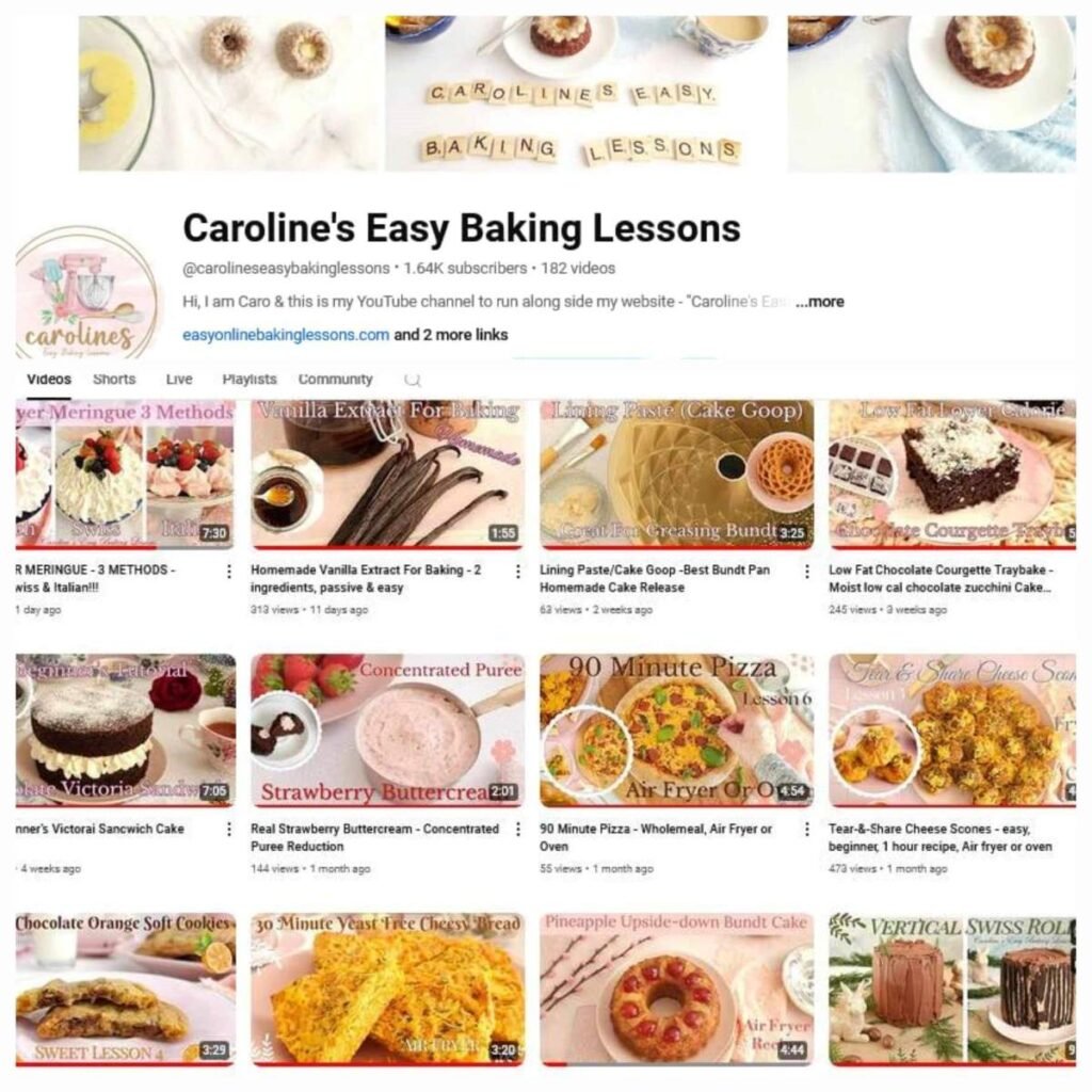 Screenshot of list of Youtube videos for Caroline's Easy Baking Lessons channel.