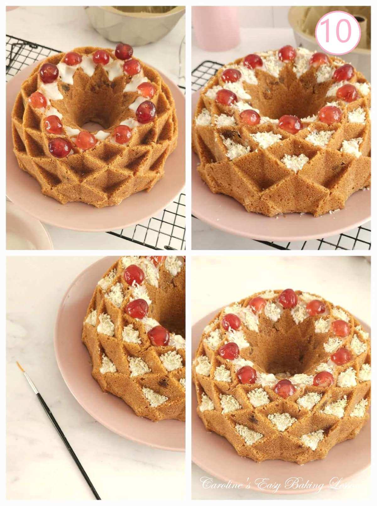 4 photo collage of adding glaze, coconut and half cherries to pockets on a fancy bundt cake, with text 'photo 10'.
